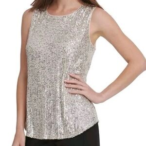 DKNY Sleeveless Cream Champagne Iridescent Sequin Tank Top Shell Cami Sz M NWT